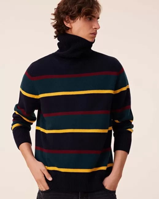 Kujten Pulls & Sweats | Pull Hugo Pull Col Roule Rayu00e9 Cachemire Intarsia, 6 fils Bleumarinefoncé