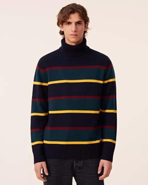 Kujten Pulls & Sweats | Pull Hugo Pull Col Roule Rayu00e9 Cachemire Intarsia, 6 fils Bleumarinefoncé