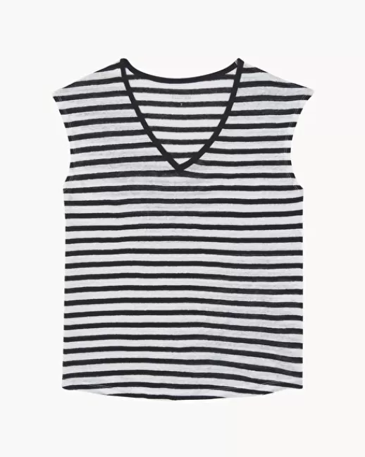 Kujten Tops & T-Shirts | T-Shirt Karol Stripes Du00e9bardeur Mariniu00e8re Col V Rayu00e9 Lin Blanc