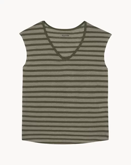 Kujten Tops & T-Shirts | T-Shirt Karol Stripes Du00e9bardeur Mariniu00e8re Col V Rayu00e9 Lin KakiClair